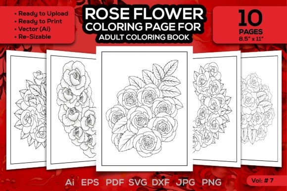 Red Roses Flower Adult Coloring Page Kdp Graphics