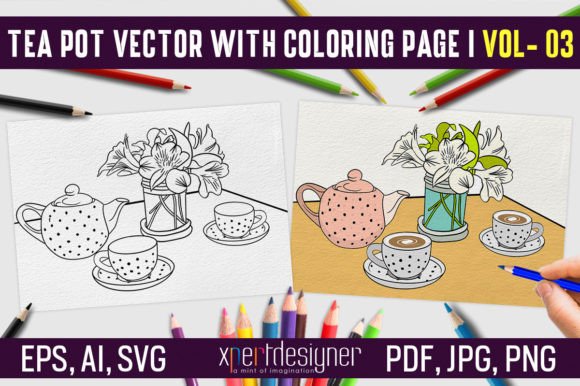 Tea Pot Vector with Coloring Page - 03 Graphics